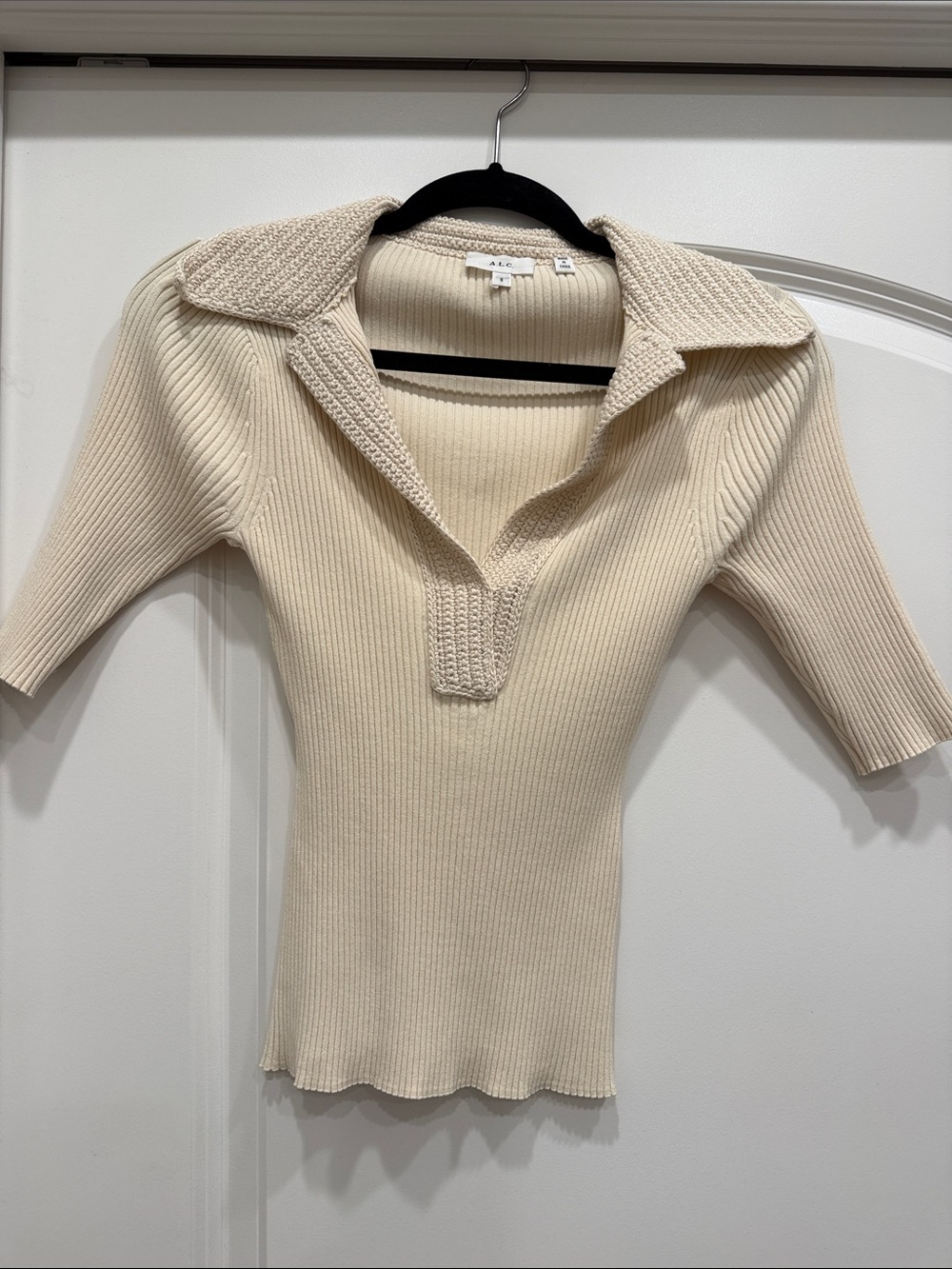 A.L.C. Cream Ribbed Polo-Style Short Sleeve Top